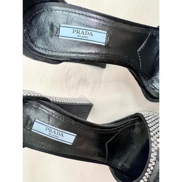 Prada Black Platform Rhinestone Block Heel Open Toe Ankle Strap Heels EU 37 FLAW - Picture 6 of 11